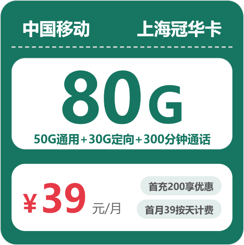 移动上海冠华卡③39元每月50G通用+30G定向+300分钟通话