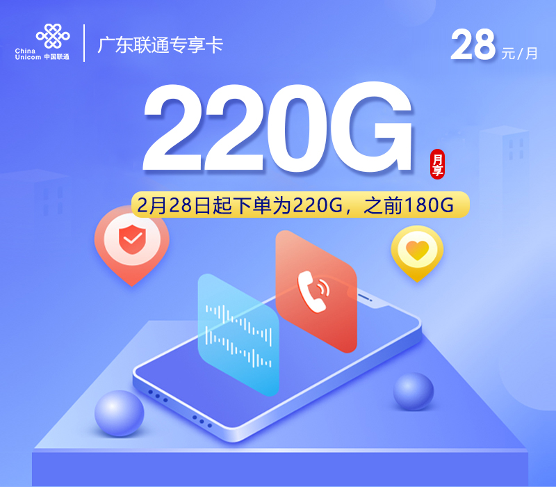 联通广东专享卡③28元每月180G通用+通话0.15元/分钟