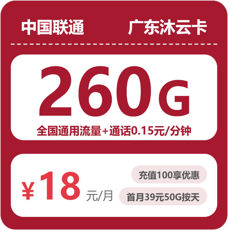 联通广东沐云卡18元每月260G通用+通话0.15元/分钟