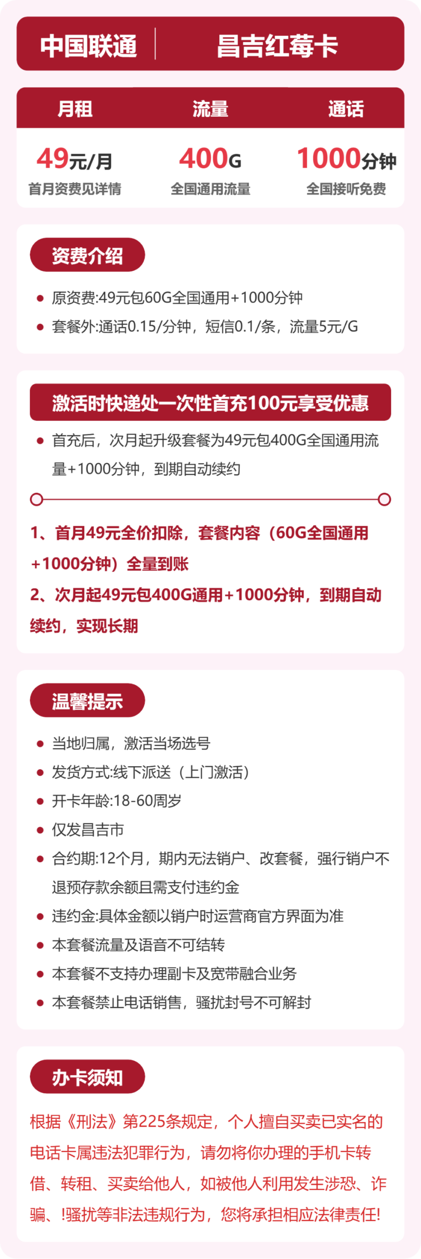 联通昌吉红莓卡详情