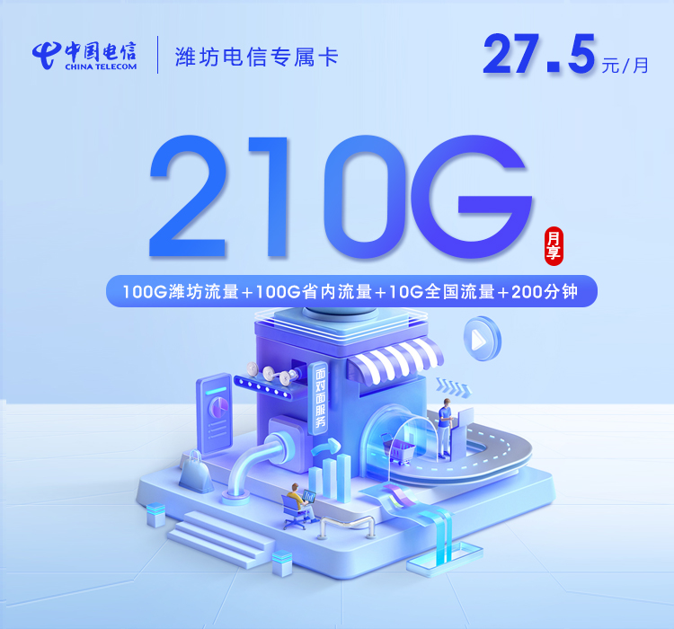 电信潍坊专属卡27.5元每月10G通用+100G省内通用+100G潍坊通用+200分钟通话
