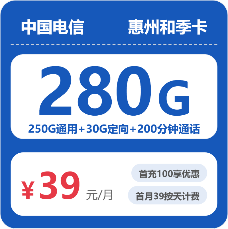 电信惠州和季卡39元每月250G通用+30G定向+200分钟通话