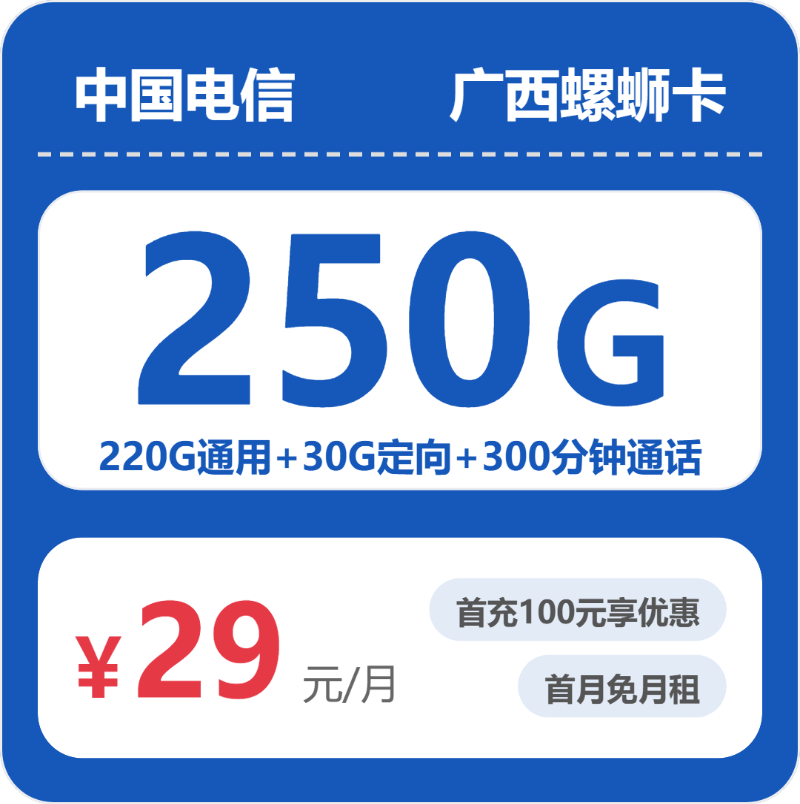 电信广西螺蛳卡29元每月220G通用+30G定向+300分钟通话
