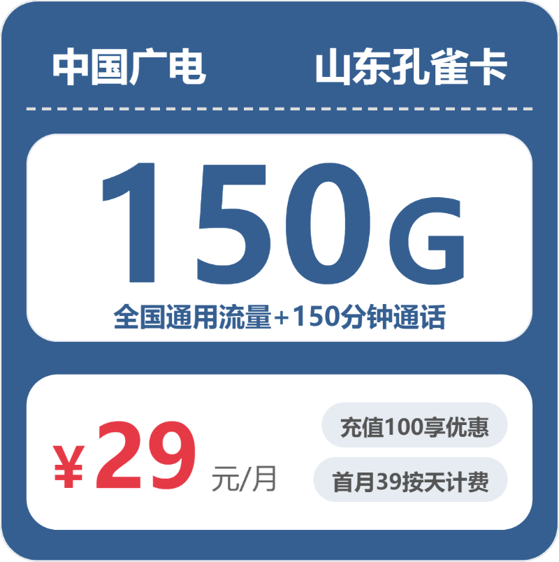 广电山东孔雀卡29元每月150G通用+150分钟通话