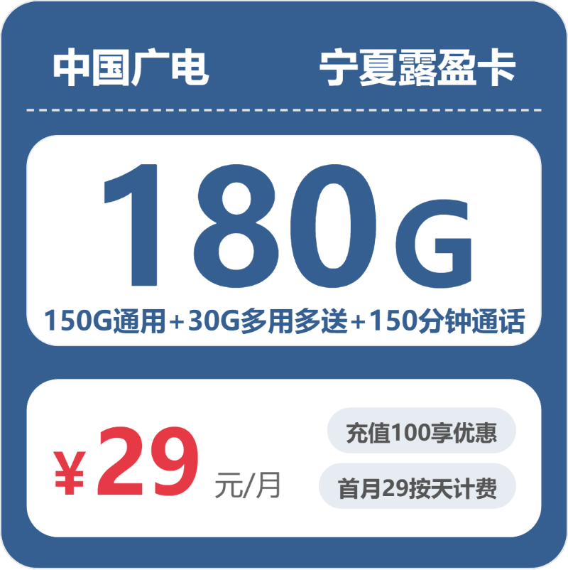 广电宁夏露盈卡29元每月180G通用+150分钟通话