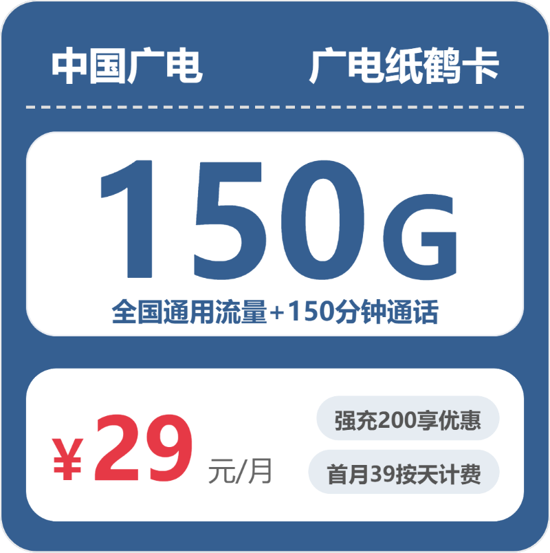广电上海纸鹤卡③29元每月150G通用+150分钟通话