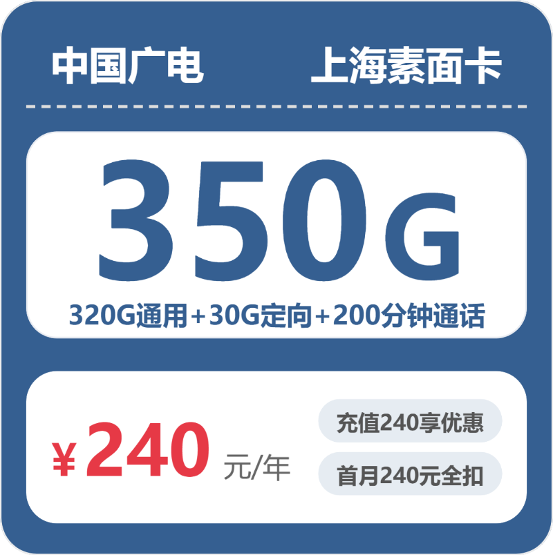 广电上海素面卡240元每年320G通用+30G定向+200分钟通话