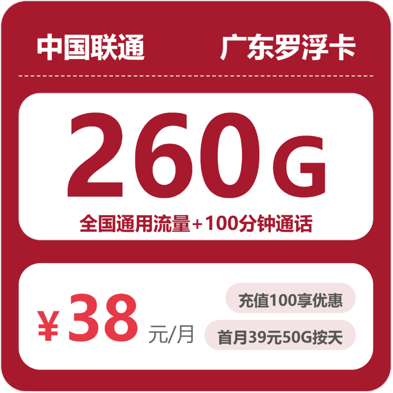 2026年5月上旬流量卡办理推荐：联通广东罗浮卡38元每月260G通用+100分钟通话