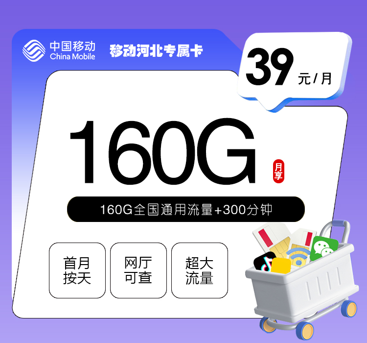 2026年5月中旬流量卡办理指南：移动河北专属卡④39元每月160G通用+300分钟通话