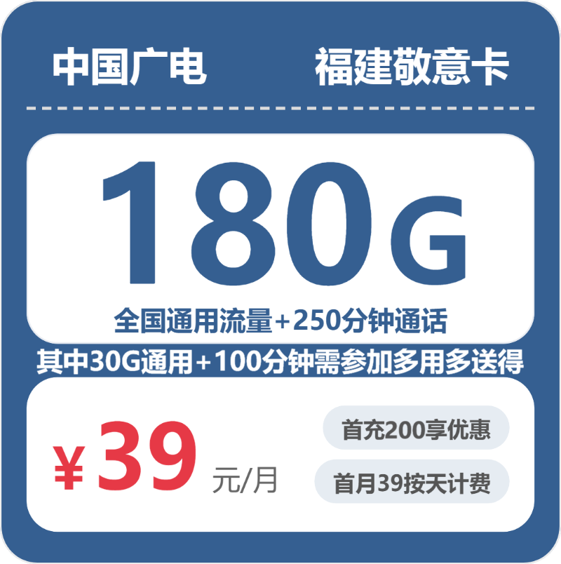 2026年5月下旬流量卡申请指南：广电福建敬意卡③39元每月180G通用+250分钟通话