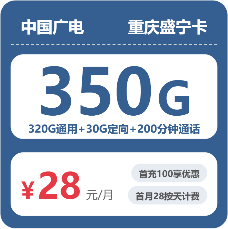2026年5月下旬流量卡套餐推荐：广电重庆盛宁卡28元每月320G通用+30G定向+200分钟通话