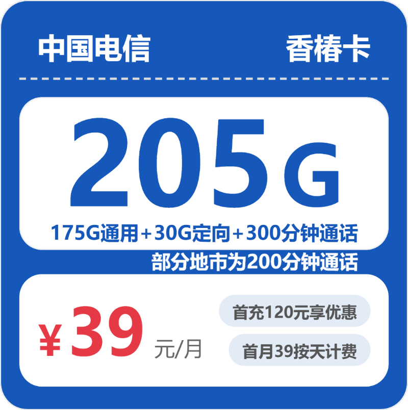 2026年6月上旬流量卡办理推荐：电信省内香椿卡39元每月175G通用+30G定向+300分钟通话