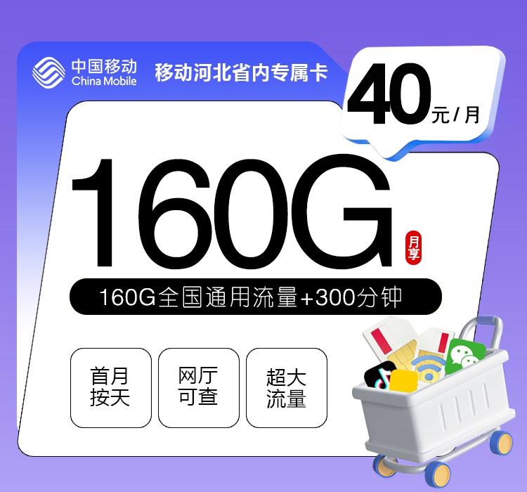 2026年6月下旬流量卡申请攻略：移动河北省内专属卡⑥40元每月160G通用+300分钟通话