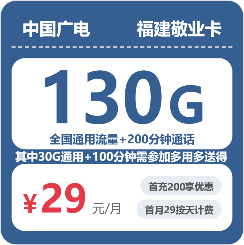 2026年7月中旬流量卡套餐测评：广电福建敬业卡29元每月130G+200分钟通话